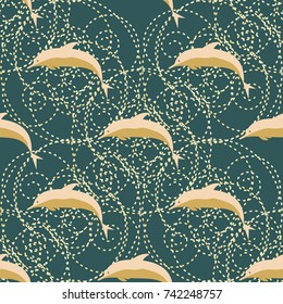 Seamless texture with a flock of dolphins under water, illustration for background