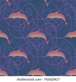 Seamless texture with a flock of dolphins under water, illustration for background