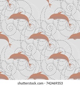 Seamless texture with a flock of dolphins under water, illustration for background