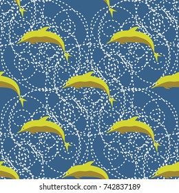 Seamless texture with a flock of dolphins under water, illustration for background