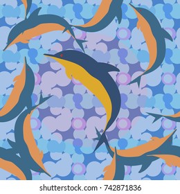 Seamless texture with a flock of dolphins under water, illustration for background