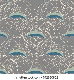 Seamless texture with a flock of dolphins under water, illustration for background