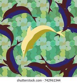 Seamless texture with a flock of dolphins under water, illustration for background