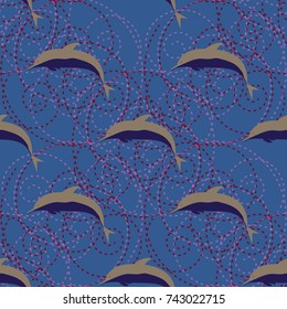 Seamless texture with a flock of dolphins under water, illustration for background