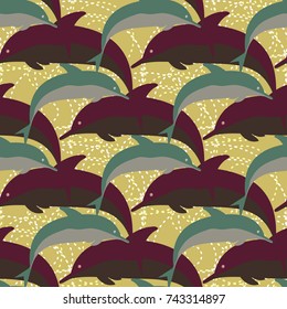 Seamless texture with a flock of dolphins under water, illustration for background