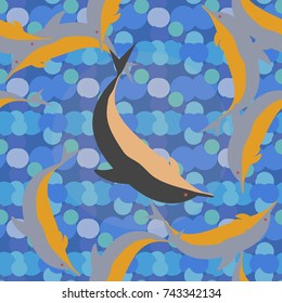Seamless texture with a flock of dolphins under water, illustration for background