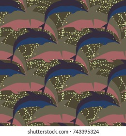 Seamless texture with a flock of dolphins under water, illustration for background