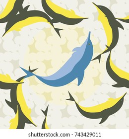 Seamless texture with a flock of dolphins under water, illustration for background