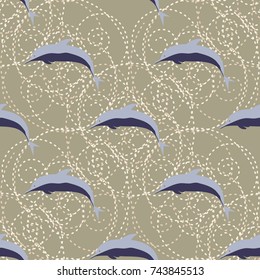 Seamless texture with a flock of dolphins under water, illustration for background