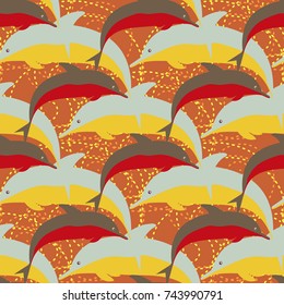 Seamless texture with a flock of dolphins under water, illustration for background