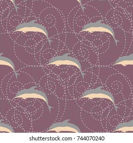 Seamless texture with a flock of dolphins under water, illustration for background