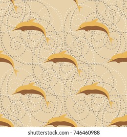 Seamless texture with a flock of dolphins under water, illustration for background