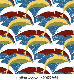 Seamless texture with a flock of dolphins under water, illustration for background