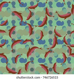 Seamless texture with a flock of dolphins under water, illustration for background