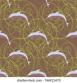 Seamless texture with a flock of dolphins under water, illustration for background