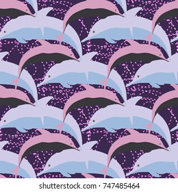 Seamless texture with a flock of dolphins under water, illustration for background