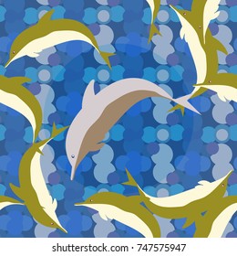 Seamless texture with a flock of dolphins under water, illustration for background