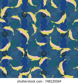 Seamless texture with a flock of dolphins under water, illustration for background