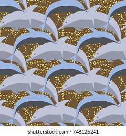 Seamless texture with a flock of dolphins under water, illustration for background
