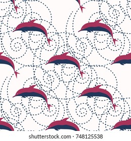 Seamless texture with a flock of dolphins under water, illustration for background