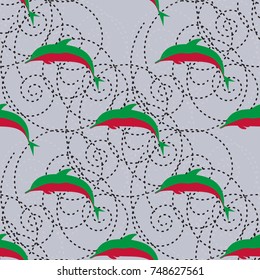 Seamless texture with a flock of dolphins under water, illustration for background