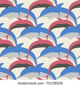 Seamless texture with a flock of dolphins under water, illustration for background
