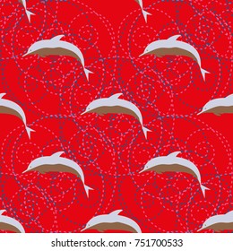 Seamless texture with a flock of dolphins under water, illustration for background