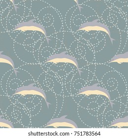 Seamless texture with a flock of dolphins under water, illustration for background