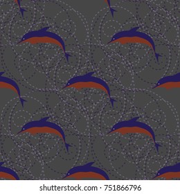 Seamless texture with a flock of dolphins under water, illustration for background