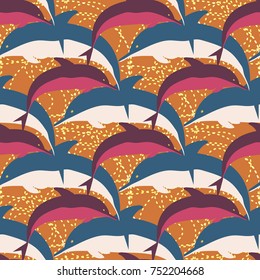 Seamless texture with a flock of dolphins under water, illustration for background