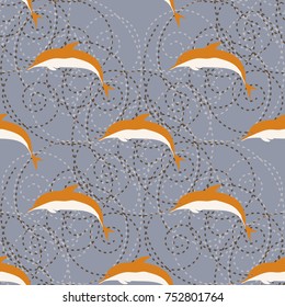 Seamless texture with a flock of dolphins under water, illustration for background