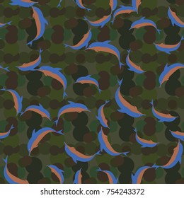 Seamless texture with a flock of dolphins under water, illustration for background