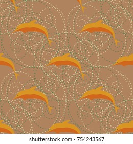 Seamless texture with a flock of dolphins under water, illustration for background