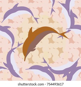 Seamless texture with a flock of dolphins under water, illustration for background