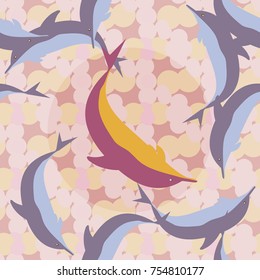 Seamless texture with a flock of dolphins under water, illustration for background