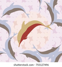 Seamless texture with a flock of dolphins under water, illustration for background