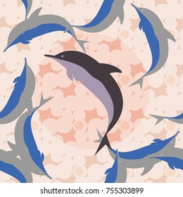 Seamless texture with a flock of dolphins under water, illustration for background