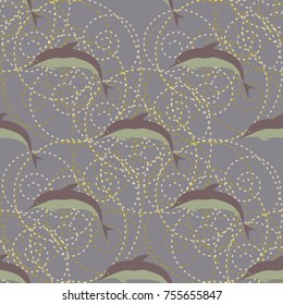 Seamless texture with a flock of dolphins under water, illustration for background