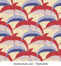 Seamless texture with a flock of dolphins under water, illustration for background