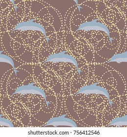 Seamless texture with a flock of dolphins under water, illustration for background