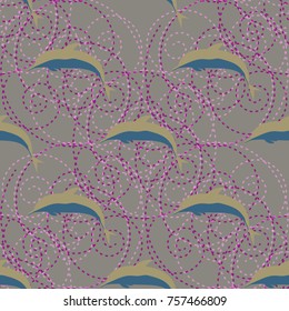 Seamless texture with a flock of dolphins under water, illustration for background