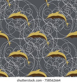 Seamless texture with a flock of dolphins under water, illustration for background