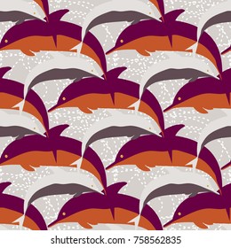 Seamless texture with a flock of dolphins under water, illustration for background