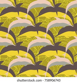 Seamless texture with a flock of dolphins under water, illustration for background