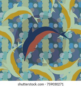 Seamless texture with a flock of dolphins under water, illustration for background