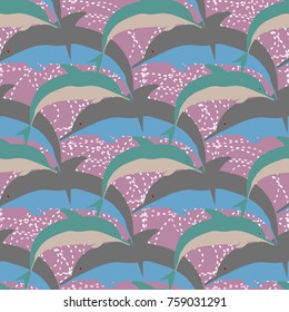 Seamless texture with a flock of dolphins under water, illustration for background