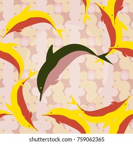 Seamless texture with a flock of dolphins under water, illustration for background