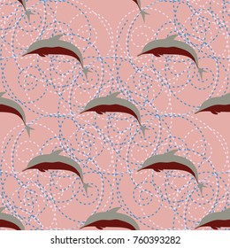 Seamless texture with a flock of dolphins under water, illustration for background