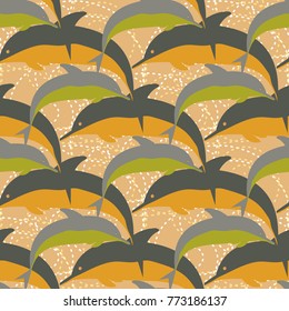 Seamless texture with a flock of dolphins under water, illustration for background