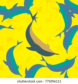 Seamless texture with a flock of dolphins under water, illustration for background